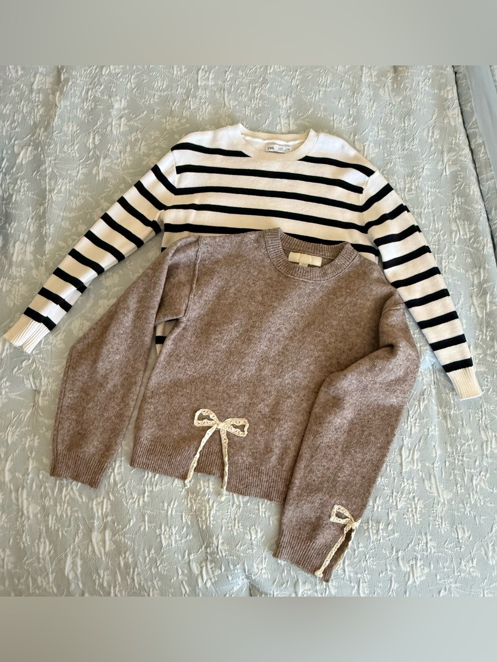 Zara Striped Knit Top & Taupe Bow-Accent Sweater Duo